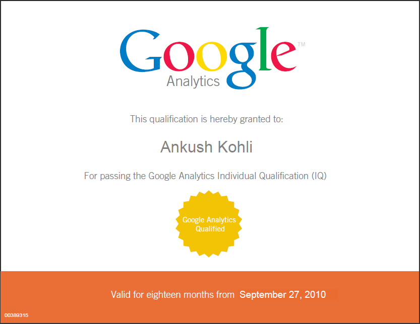 Ankush Kohli Google Analytics Certificate